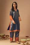 Buy_Cupid Cotton_Orange Tissue Embroidery Stripe V-neck Ilham Pattern Kurta With Pleated Pant _at_Aza_Fashions