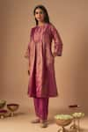 Cupid Cotton_Magenta Tissue Embroidery Resham Round Nadiya Floral Kurta And Pant Set _Online_at_Aza_Fashions