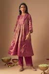 Buy_Cupid Cotton_Magenta Tissue Embroidery Resham Round Nadiya Floral Kurta And Pant Set _Online_at_Aza_Fashions