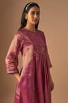 Shop_Cupid Cotton_Magenta Tissue Embroidery Resham Round Nadiya Floral Kurta And Pant Set _Online_at_Aza_Fashions