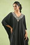 Kanika Sharma_Black Modal Embroidery Floral V-neck Beads Kaftan With Palazzo _Online_at_Aza_Fashions