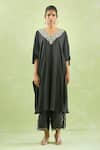 Kanika Sharma_Black Modal Embroidery Floral V-neck Beads Kaftan With Palazzo _at_Aza_Fashions