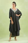 Buy_Kanika Sharma_Black Modal Embroidery Floral V-neck Beads Kaftan With Palazzo 