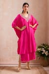 Buy_Kanika Sharma_Pink Modal Embroidery Floral V-neck Thread Kaftan With Palazzo _at_Aza_Fashions