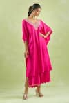 Kanika Sharma_Pink Modal Embroidery Floral V-neck Thread Kaftan With Palazzo _Online_at_Aza_Fashions