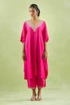 Kanika Sharma_Pink Modal Embroidery Floral V-neck Thread Kaftan With Palazzo _at_Aza_Fashions