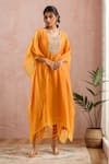 Buy_Kanika Sharma_Orange Kaftan Chanderi Silk Embroidery Floral Asymmetric And Dhoti Pant Set _at_Aza_Fashions