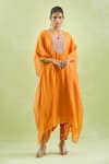 Shop_Kanika Sharma_Orange Kaftan Chanderi Silk Embroidery Floral Asymmetric And Dhoti Pant Set _at_Aza_Fashions