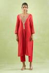 Shop_Kanika Sharma_Red Kurta Chanderi Silk Embroidery Floral Round And Pant Set _Online_at_Aza_Fashions