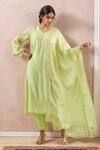 Buy_Kanika Sharma_Green Kurta And Dupatta Chanderi Silk Embroidery Gota V-neck Floral & Pant Set _at_Aza_Fashions