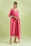 Buy_Kanika Sharma_Pink Kurta And Dupatta Chanderi Silk Embroidery Beads V-neck Straight & Pant Set _Online_at_Aza_Fashions