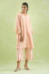 Kanika Sharma_Peach Modal Embroidery Thread V-neck Scallop A-line Kurt With Pant _at_Aza_Fashions