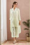 Buy_Kanika Sharma_White Kurta Crinkled Cotton Embroidery Thread V-neck High Low With Pant _at_Aza_Fashions