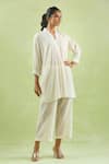 Kanika Sharma_White Kurta Crinkled Cotton Embroidery Thread V-neck High Low With Pant _at_Aza_Fashions