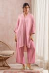 Buy_Kanika Sharma_Pink Kurta Crinkled Cotton Embroidery Thread V-neck High Low Hem With Pant _at_Aza_Fashions