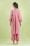 Shop_Kanika Sharma_Pink Kurta Crinkled Cotton Embroidery Thread V-neck High Low Hem With Pant _at_Aza_Fashions