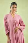 Kanika Sharma_Pink Kurta Crinkled Cotton Embroidery Thread V-neck High Low Hem With Pant _Online_at_Aza_Fashions