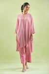 Shop_Kanika Sharma_Pink Kurta Crinkled Cotton Embroidery Thread V-neck High Low Hem With Pant _Online_at_Aza_Fashions