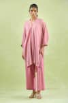 Buy_Kanika Sharma_Pink Kurta Crinkled Cotton Embroidery Thread V-neck High Low Hem With Pant 