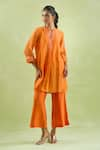 Buy_Kanika Sharma_Orange Kurta Chanderi Silk Embroidery Thread Band Collar Short With Pant 