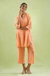 Kanika Sharma_Peach Kurta Chanderi Silk Embroidery Thread Band Placket Short With Pant _Online_at_Aza_Fashions