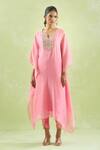 Kanika Sharma_Pink Kaftan Chanderi Silk Embroidery Floral Beads Asymmetric And Dhoti Pant Set _Online_at_Aza_Fashions