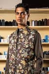 Project Bandi_Brown Cotton Satin Printed Floral Veil Kaari Nehru Jacket With Kurta Set _Online_at_Aza_Fashions