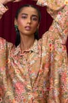 Shop_Ridhi Mehra_Green Silk Print Floral Blossom Collared Neck Groove Shirt With Skirt _Online_at_Aza_Fashions