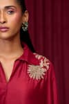 Shop_Ridhi Mehra_Red Silk Embroidery Floral Collared Neck Chime Placement Shirt With Pant _Online_at_Aza_Fashions