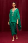 Buy_Ridhi Mehra_Green Cape Fine Silk Embroidery Floral V Neck Lilt Placement With Skirt _at_Aza_Fashions