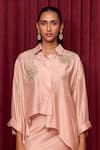 Ridhi Mehra_Pink Fine Silk Placement Embroidery Sequin Collared Ballad Shirt With Skirt _Online_at_Aza_Fashions