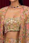 Shop_Ridhi Mehra_Green Georgette Print Floral Jacket Front Open Short And Pant Set _at_Aza_Fashions