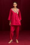 Buy_Ridhi Mehra_Red Cotton Satin Placement Embroidery Floral Glass Neck Aria Kurta With Pant _at_Aza_Fashions