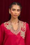 Buy_Ridhi Mehra_Red Cotton Satin Placement Embroidery Floral Glass Neck Aria Kurta With Pant _Online_at_Aza_Fashions