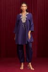 Buy_Ridhi Mehra_Purple Fine Silk Embroidery Floral Notched Neck Prelude Yoke Tunic With Pant _at_Aza_Fashions