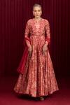 Buy_Ridhi Mehra_Red Chanderi Print Floral Closed Round Neck Tempo Anarkali With Dupatta _at_Aza_Fashions