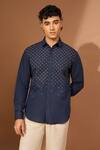 Vivek Karunakaran_Blue Linen Embroidery Star Thread Shirt _Online_at_Aza_Fashions