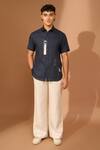 Buy_Vivek Karunakaran_Blue Linen Embroidery, Applique Floral Patch Shirt _at_Aza_Fashions