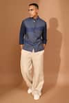 Buy_Vivek Karunakaran_Blue Linen Navy Wave Ray Stitch Bundi _at_Aza_Fashions