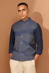 Shop_Vivek Karunakaran_Blue Linen Navy Wave Ray Stitch Bundi _at_Aza_Fashions