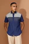 Shop_Vivek Karunakaran_Blue Linen Embroidery Stitch Patch And Ray Shirt _at_Aza_Fashions