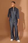 Buy_Vivek Karunakaran_Blue Denim, Tencel Embroidery Pocket Shape Front Zipper Shirt _at_Aza_Fashions