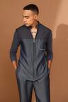 Vivek Karunakaran_Blue Denim, Tencel Embroidery Pocket Shape Front Zipper Shirt _Online_at_Aza_Fashions