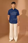 Buy_Vivek Karunakaran_Blue Linen Embroidered Thread Wave Shirt _at_Aza_Fashions