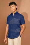 Vivek Karunakaran_Blue Linen Embroidered Thread Wave Shirt _Online_at_Aza_Fashions