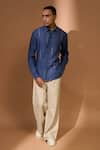 Buy_Vivek Karunakaran_Blue Linen Embroidered Thread Bandini Shirt _at_Aza_Fashions