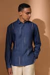 Vivek Karunakaran_Blue Linen Embroidered Thread Bandini Shirt _Online_at_Aza_Fashions