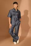 Vivek Karunakaran_Blue Chambray Embroidered Thread Geometric Shirt With Pant _Online_at_Aza_Fashions