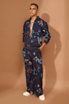 Buy_Vivek Karunakaran_Blue Cotton Viscose Printed Floral Bomber Jacket _at_Aza_Fashions