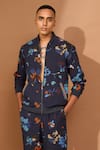 Vivek Karunakaran_Blue Cotton Viscose Printed Floral Bomber Jacket _Online_at_Aza_Fashions